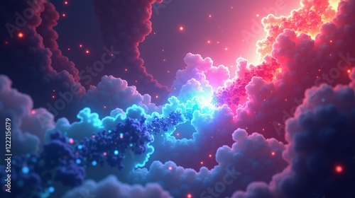  An abstract gaming universe with a swirling mix of vibrant magic energy, glowing 3D shapes, and scattered pixel fragments.
