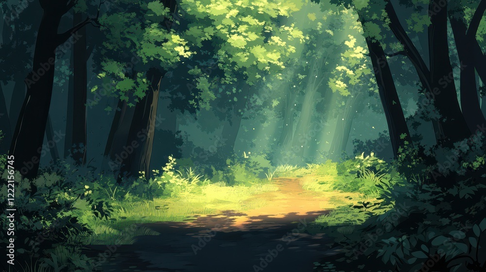 Obraz premium Sunlit Path Through A Lush Green Forest