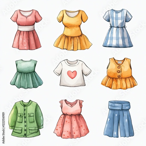 Watercolor illustration of nine different children's clothing items, including dresses, shirts, pants, and a jacket.