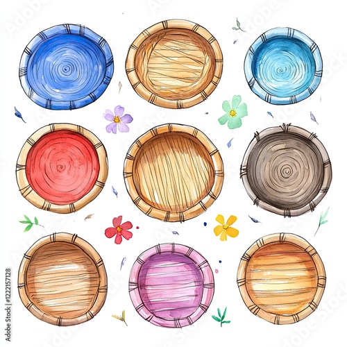 Watercolor illustration of nine different colored baskets with floral accents.