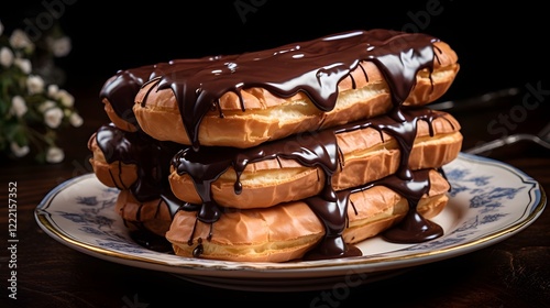 Delectable Chocolate clairs with Creamy Filling Artfully Arranged on a Rustic Wooden Table Showcasing the Irresistible Combination of Flaky Pastry Rich Chocolate Glaze and Indulgent Cream Filling photo