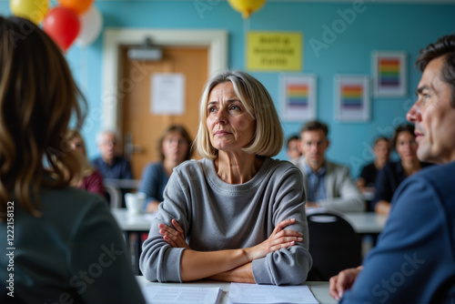 Reflective bisexual woman listening at LGBTQ+ rights meeting, community support