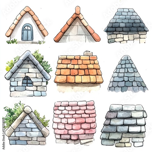 Watercolor illustration of nine different roof styles, featuring tile, slate, and stone.