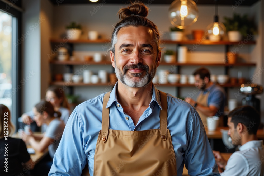 Fototapeta premium Smiling barista serving coffee in cozy café, warmth and community