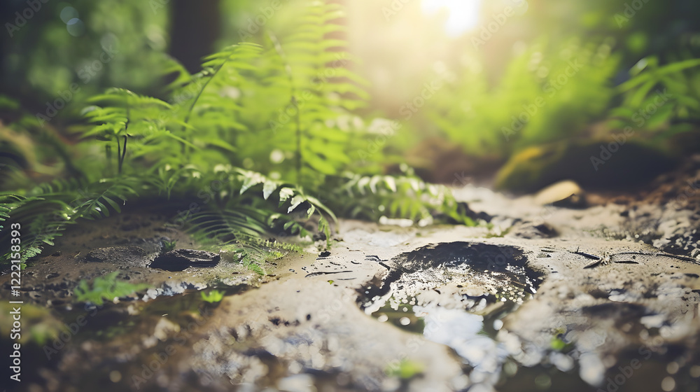 Close-up of a massive dinosaur footprint in wet mud, highlighting the texture and depth of the impression, symbolizing prehistoric life and natural history.
Close-up of a massive dinosaur footprint in wet mud, highlighting the texture and depth of the impression, symbolizing prehistoric life and natural history.