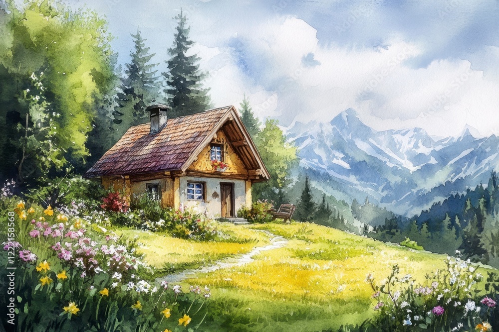 Fototapeta premium Cozy Cottage Surrounded by Lush Flora in Majestic Mountain Landscape