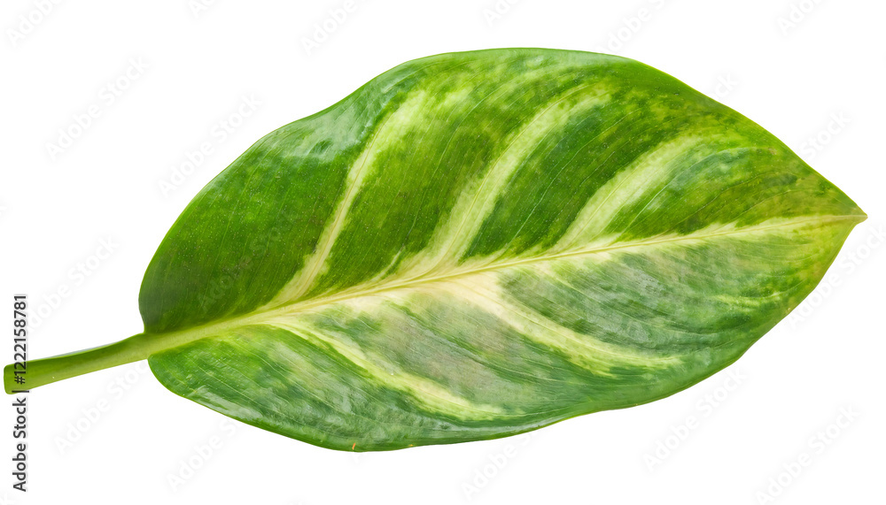 Obraz premium closeup of green leaf with natural yellow and white variegated patterns on isolated background 