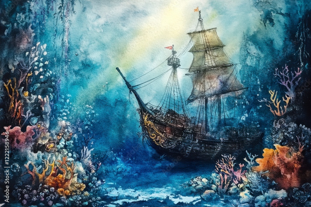 Fototapeta premium Enchanted Shipwreck Surrounded by Colorful Coral Underwater Scene