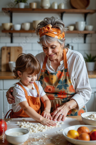 Grandmother teaching grandchild to bake in bright kitchen, family bonding
