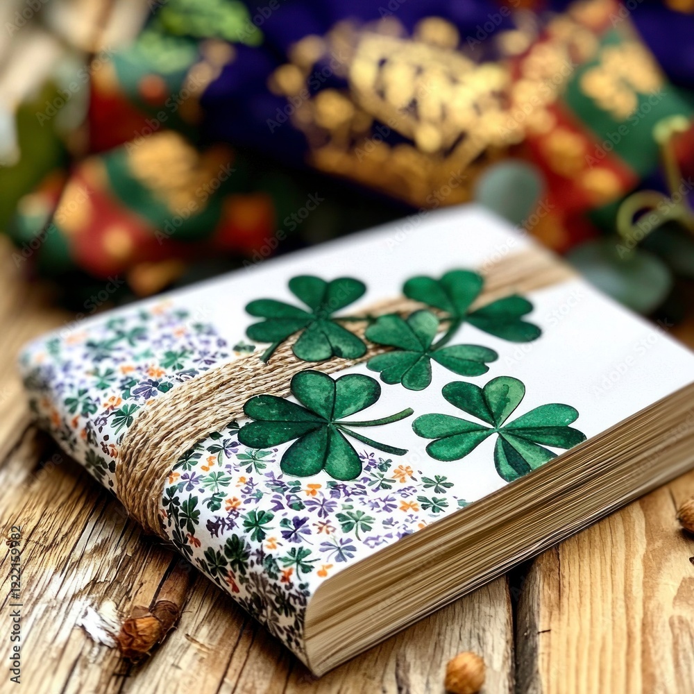 Fototapeta premium Watercolor Shamrock Notebook Rustic Wooden Background Spring Design Gift Book