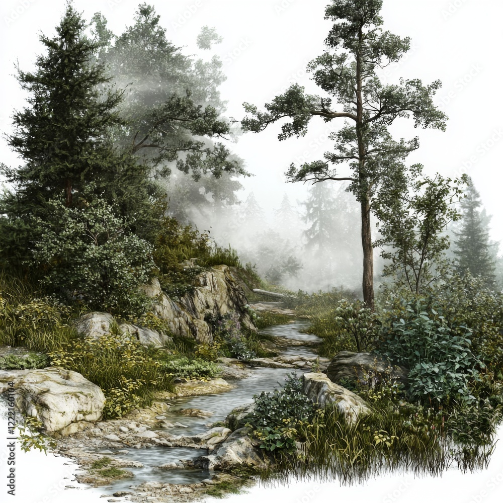 Obraz premium Serene Forest Pathway with Fog and Lush Greenery in a Peaceful Natural Environment