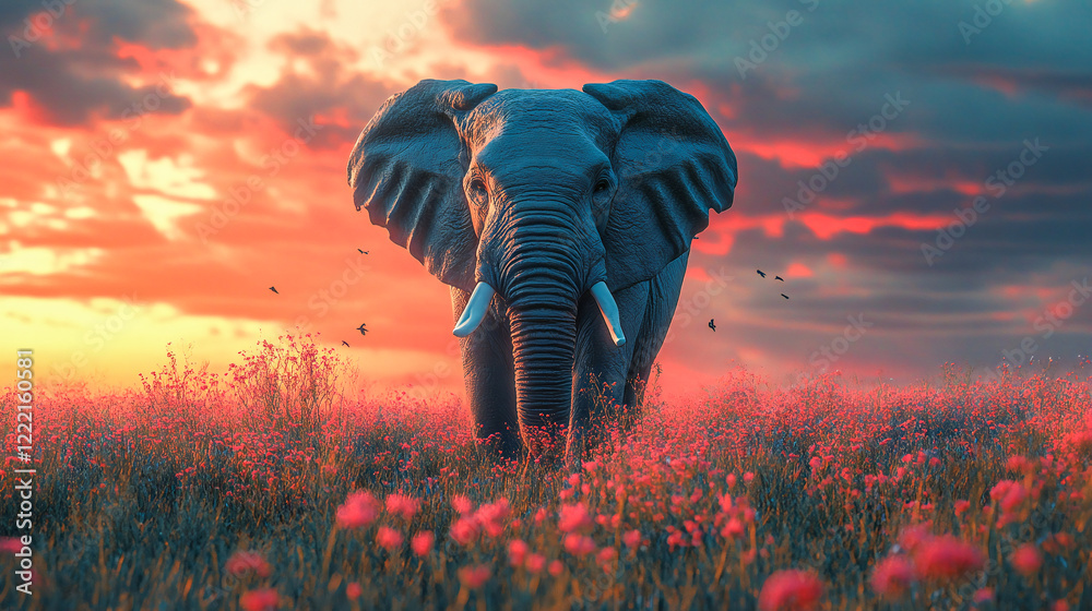 Fototapeta premium An image shows an elephant positioned against a colorful backdrop, with a prominent tusked animal in the foreground