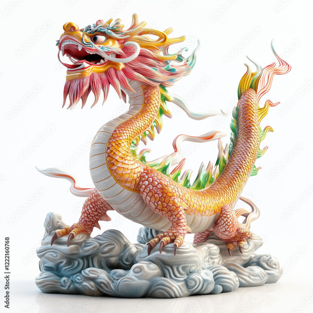 Fototapeta premium Dragon sculpture with golden scales, perched on dynamic waves isolated on white transparent background