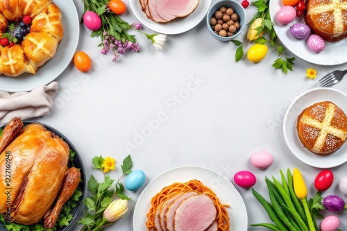 Traditional Easter dinner or  brunch with ham, colored eggs, hot cross buns, cake and vegetables. Easter meal dishes with holday decorations. Top view, copy space, panorama, banner photo