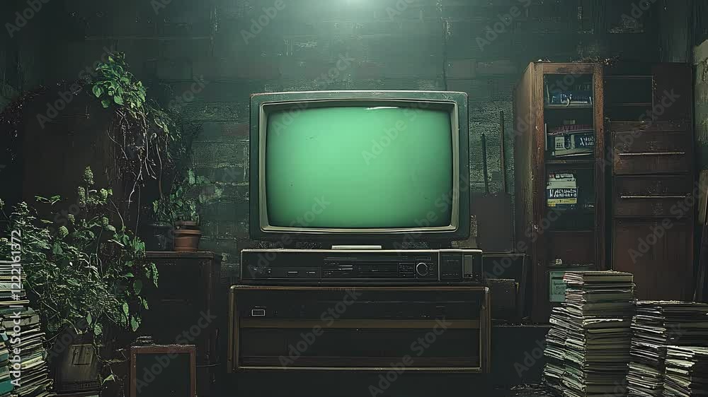 old tv in the room with green screen