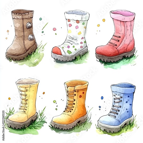 Watercolor illustration of six colorful boots on a green grass background.