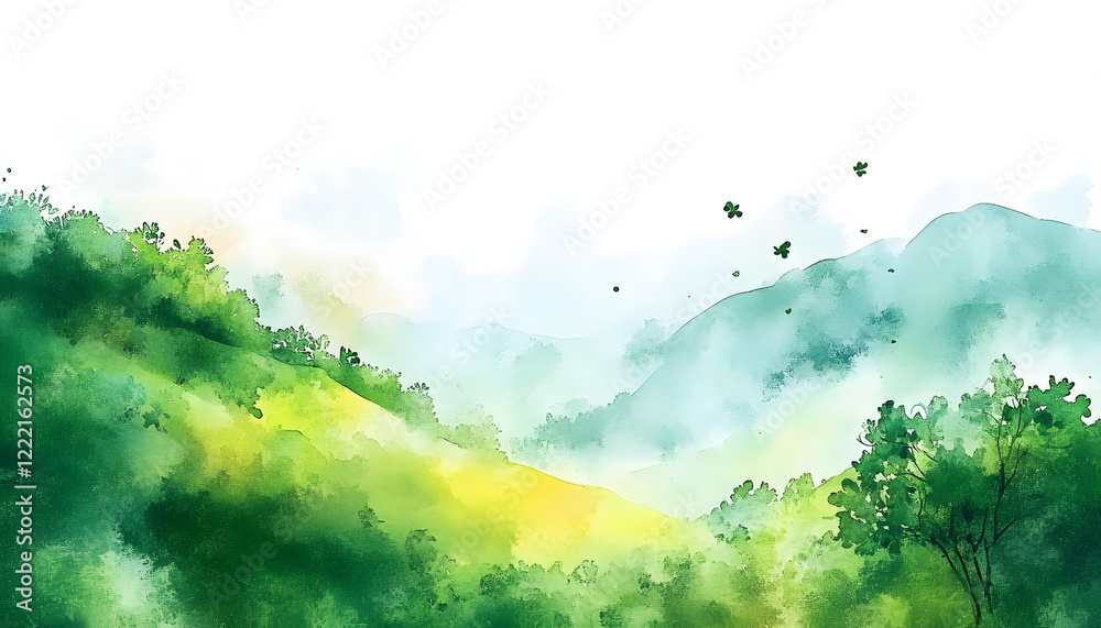 Fototapeta premium watercolor St.patricks green hills sunny