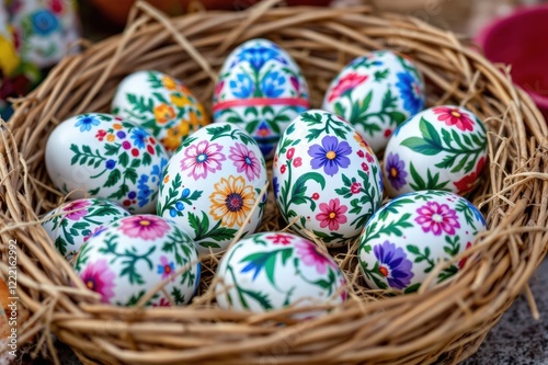 Traditional hand made painted Easter eggs presented at a fair of popular traditions.The eggs are painted with traditional motifs from Bukovina.
