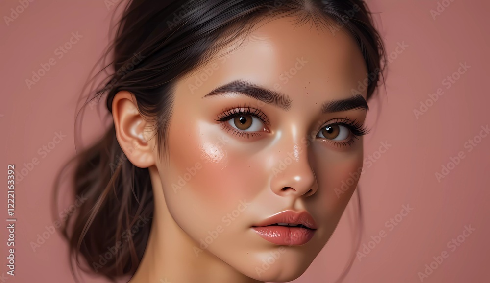 Fototapeta premium A woman with brown hair and brown eyes is wearing makeup. She has a gold earring and a gold necklace