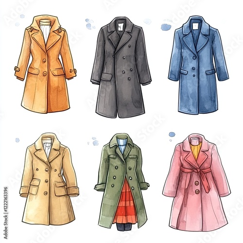 Watercolor illustration of six different women's coats in various colors.