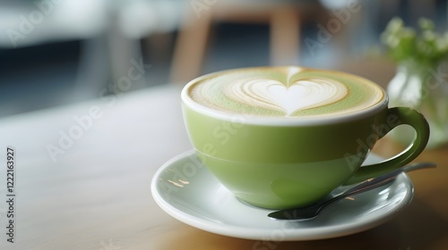 Wallpaper Mural Cozy and tranquil minimalist cafe setting featuring a beautifully crafted green tea latte in a modern ceramic mug  The calming natural atmosphere invites you to unwind and indulge in a premium Torontodigital.ca