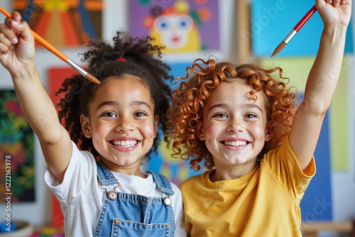 Siblings competing joyfully in art contest, vibrant creativity