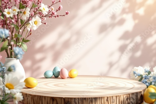 Empty round wooden podium for product presentation with spring flowers  and easter eggs on light background
