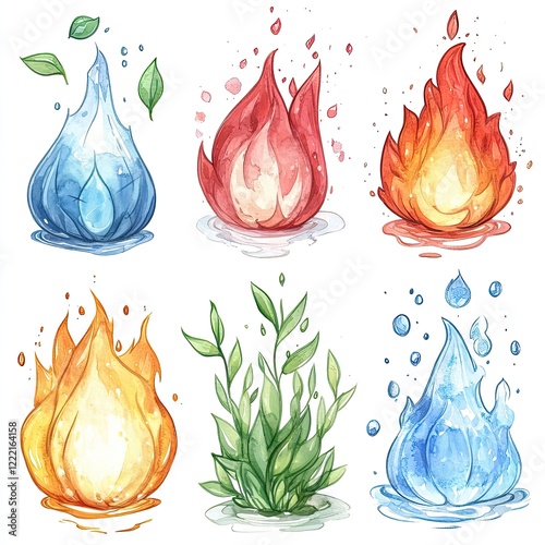 Watercolor illustration of the four elements fire, water, earth, and air.