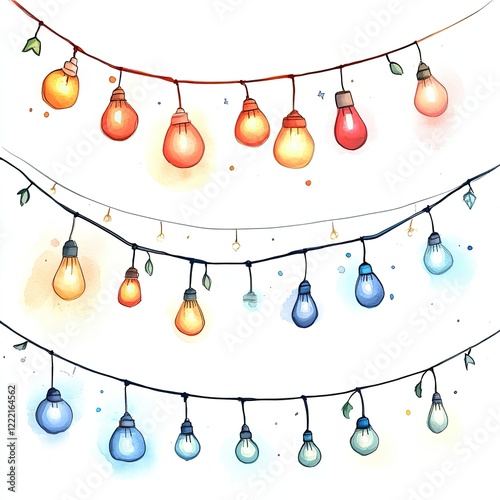 Watercolor illustration of three strings of fairy lights with various colors.