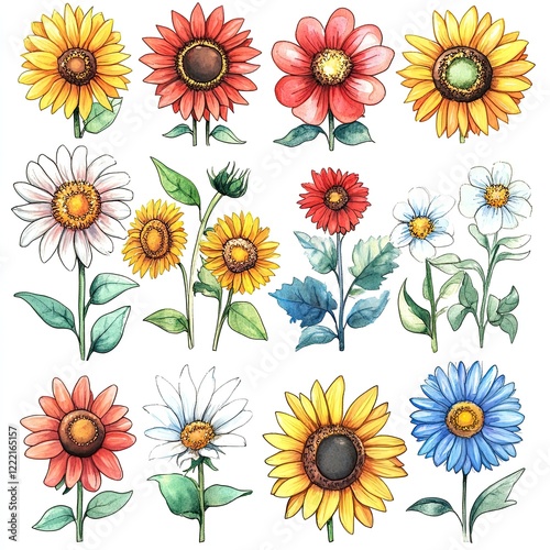 Watercolor illustration of twelve different flowers, including sunflowers, daisies, and red flowers on a white background.