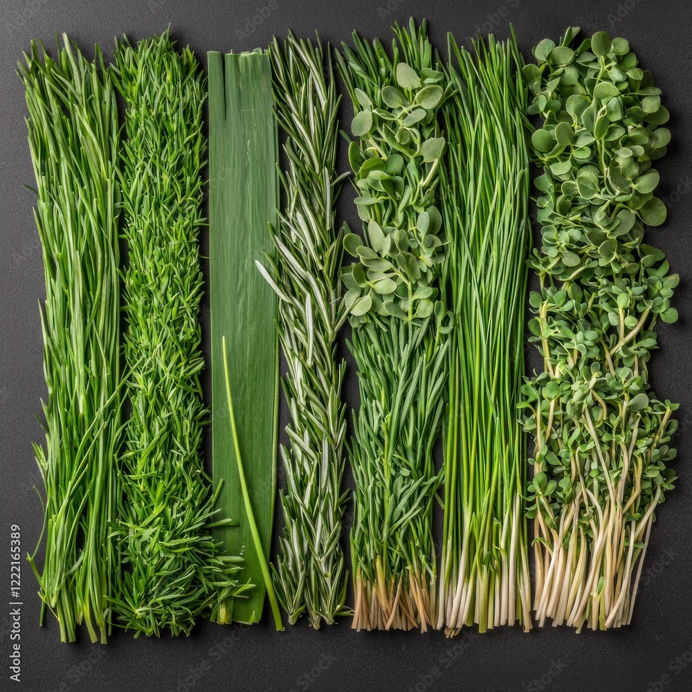 Obraz premium Fresh Herbs Green Culinary Herbs Assortment Organic Greens Spring Herbs Food Photogra