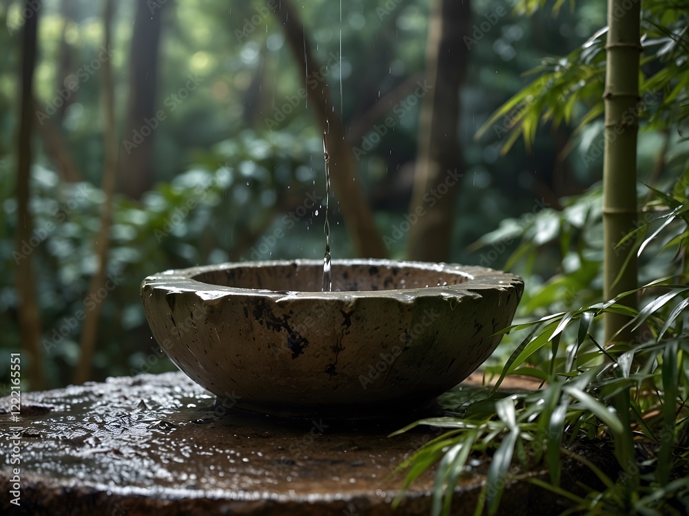 Rainwater flowing from bamboo spout into stone basin
Rainwater flowing from bamboo spout into stone basin