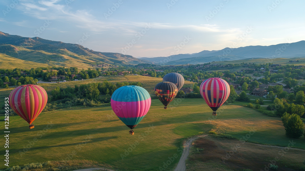 Obraz premium 3d isolated hoy air balloon basket travel illustration on transparent background. Realistic aerostat set in red, blue and pink stripe for adventure and recreation. Summer ballooning leisure journey