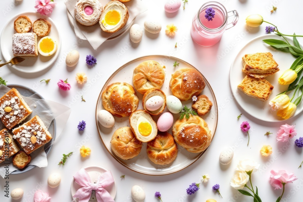 Easter table scene with an assortment of breads, desserts and treats on a white background. Top view. Spring holiday food concept. Easter table scene with an assortment of breads, desserts and treats on a white background. Top view. Spring holiday food concept.