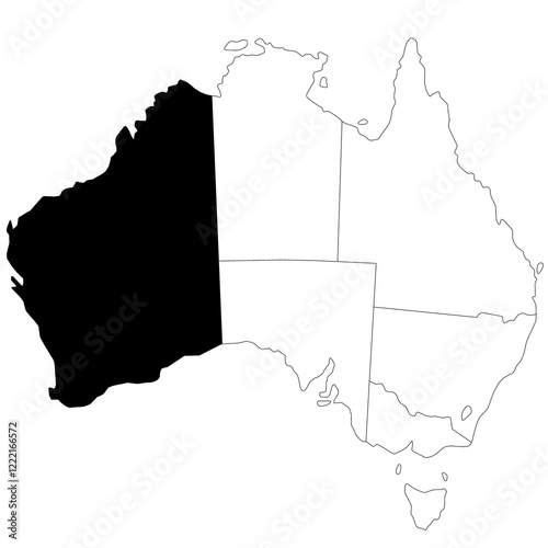 Map of Western Australia state in Australia country on white background. single administrative map highlighted by black colour on Australia map. aus au