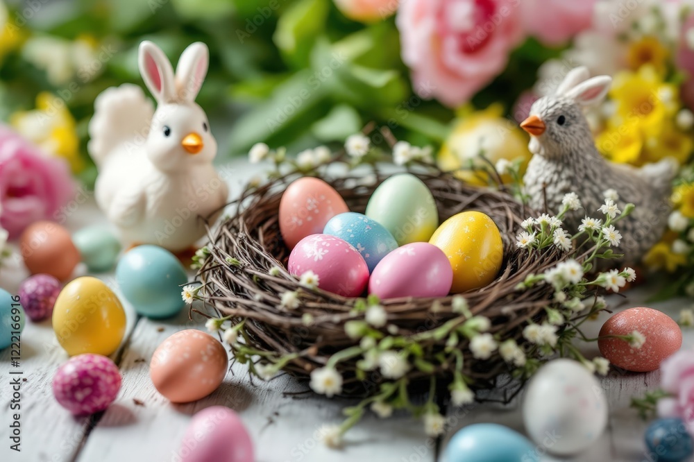 Easter still life. Colorful easter chocolate eggs in nest, spring flowers, chicken figurine composition on white wooden table. Space for text. Happy Easter! Seasons greetings Easter still life. Colorful easter chocolate eggs in nest, spring flowers, chicken figurine composition on white wooden table. Space for text. Happy Easter! Seasons greetings