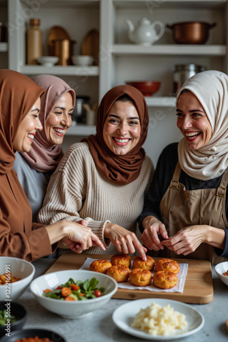 Muslim women laughing and cooking traditional dishes in a bright kitchen, unity