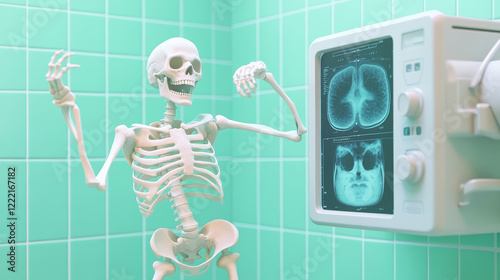 Silly dancing medical skeleton on xray machine photo