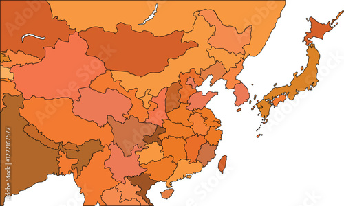 Map of China with regions vector illustration,China Political map and administrative divisions, vector illustration map of China with borders, earth tones of China with states.