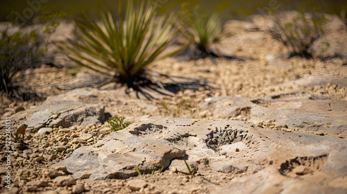 Close-up of ancient dinosaur footprints embedded in rock, showcasing the preserved marks from millions of years ago, offering a direct connection to the distant past.
 photo