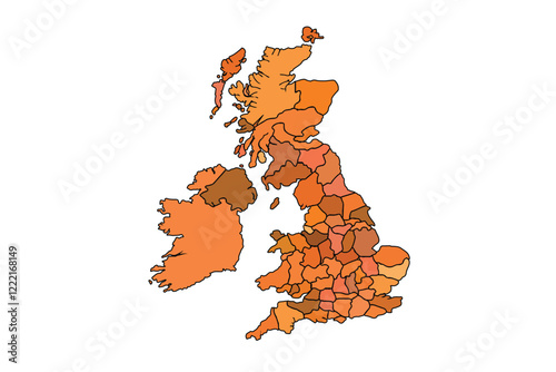 England map with regions vector illustration,England Political map and administrative divisions, vector illustration map of England with borders, earth tones of England with states, cities, Provinces.