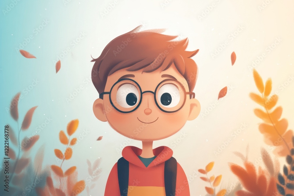 Cheerful Boy in Glasses Surrounded by Autumn Leaves with Soft Light Cheerful Boy in Glasses Surrounded by Autumn Leaves with Soft Light