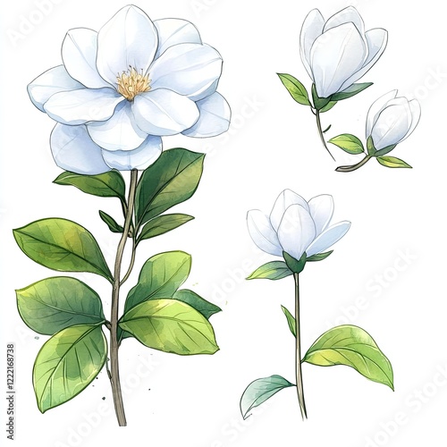Watercolor illustration of white magnolia flowers with green leaves on white background.
