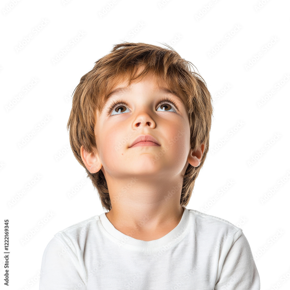 young boy with brown hair looking up thoughtfully, wearing white t shirt. His expression conveys curiosity and wonder, set against plain transparency background young boy with brown hair looking up thoughtfully, wearing white t shirt. His expression conveys curiosity and wonder, set against plain transparency background