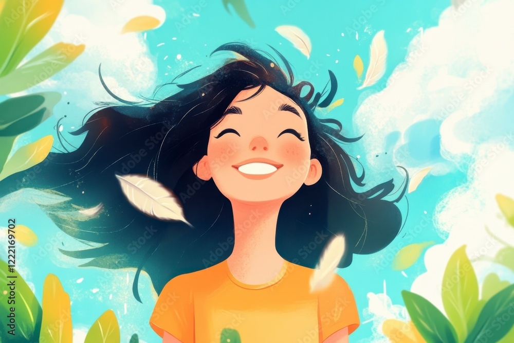 Happy Girl Smiling in Nature with Floating Leaves and Blue Sky Happy Girl Smiling in Nature with Floating Leaves and Blue Sky