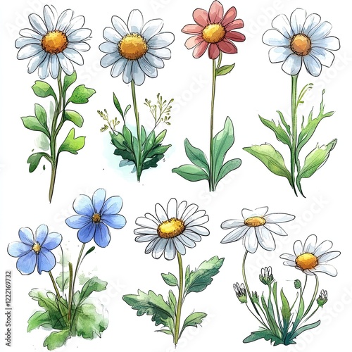 Watercolor illustrations of daisies and other flowers in various colors.