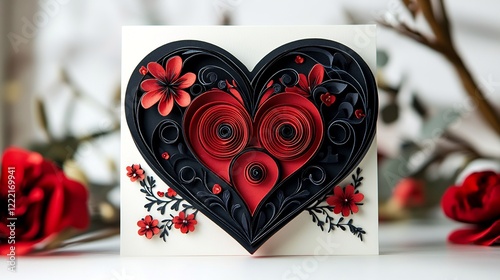 Romantic valentines day card with a three dimensional heart black and red color scheme and a beautiful paper design set on a white background for a celebration