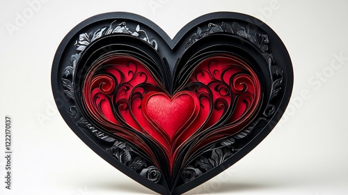 Romantic valentines day card with a three dimensional heart black and red color scheme and a beautiful paper design set on a white background for a celebration