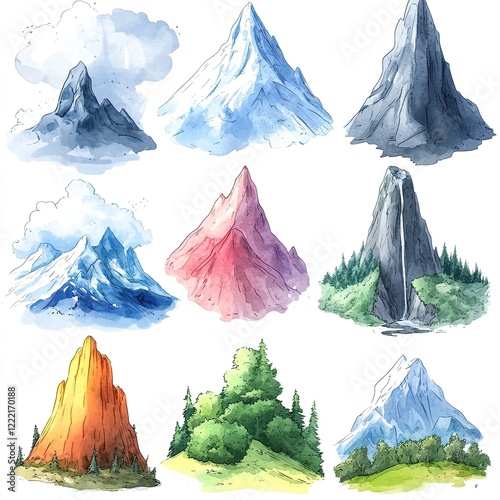 Watercolor illustrations of nine different mountains with various colors and details, perfect for design and illustration projects. photo