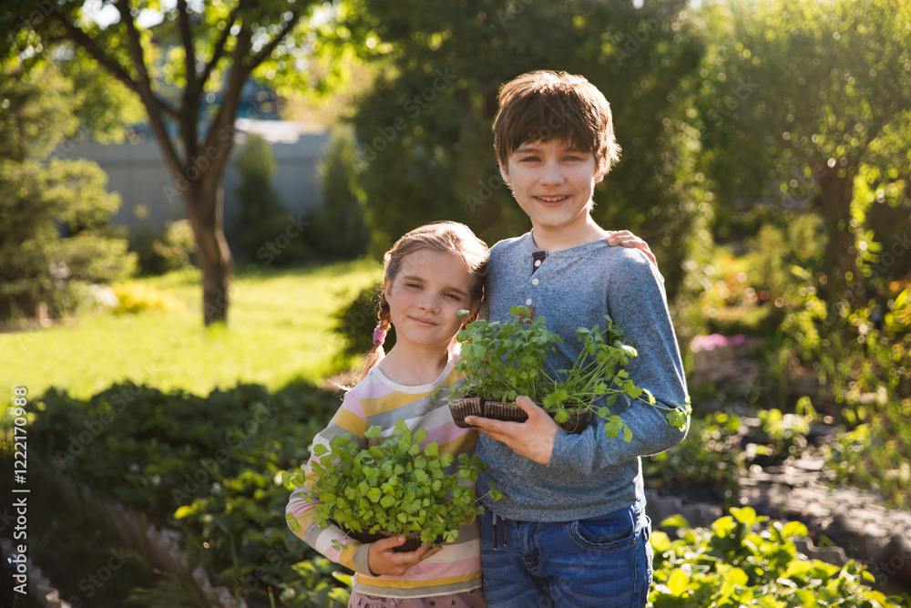 Family two kids brother and sister holding seedling boxes in the garden on a spring day. Kid helps in the home garden. slow life. Eco-friendly Family two kids brother and sister holding seedling boxes in the garden on a spring day. Kid helps in the home garden. slow life. Eco-friendly